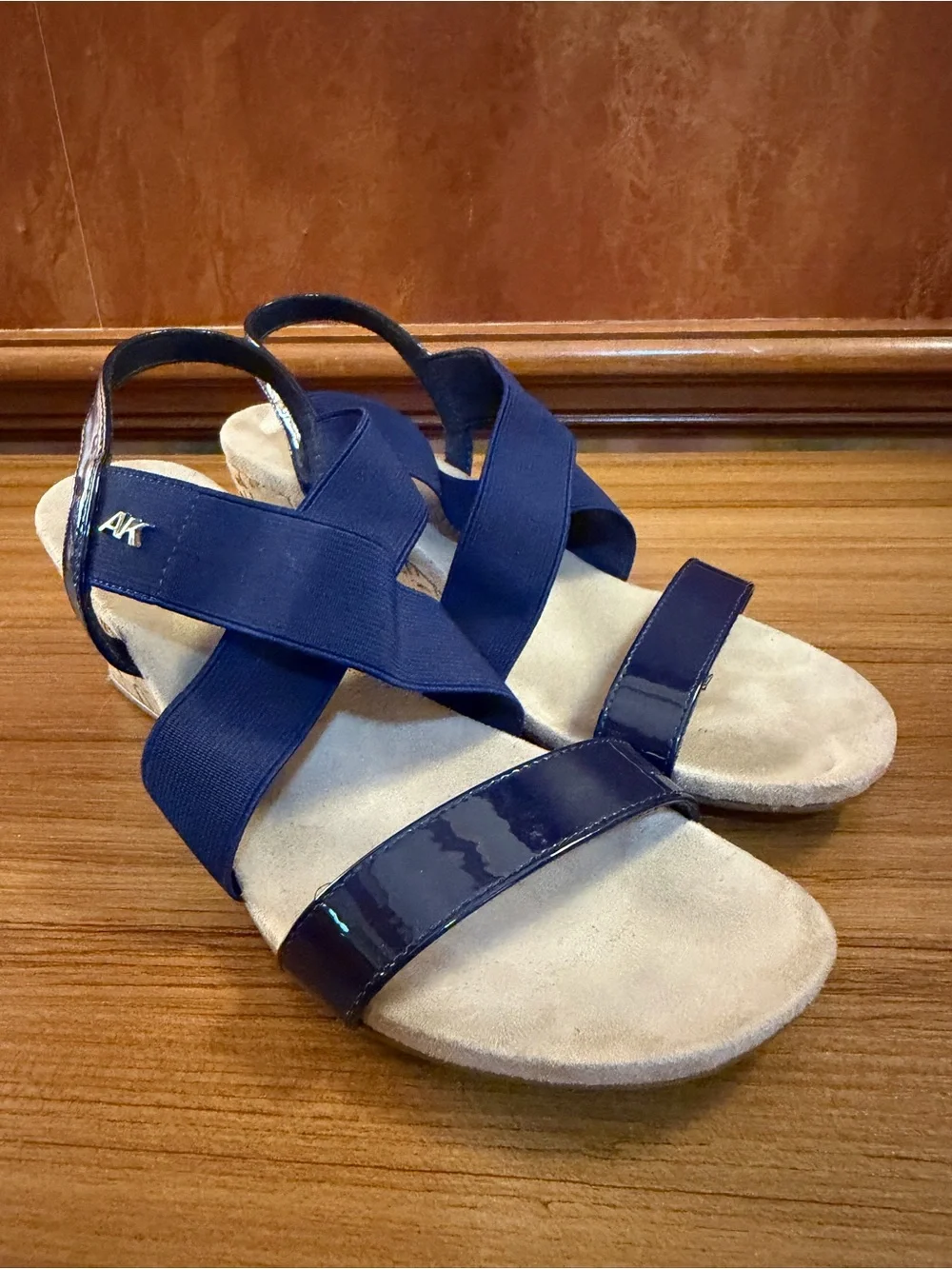 Anne Klein Regina Navy Blue Cork Wedge Sandals Womens Size 8.5 M Excellent
